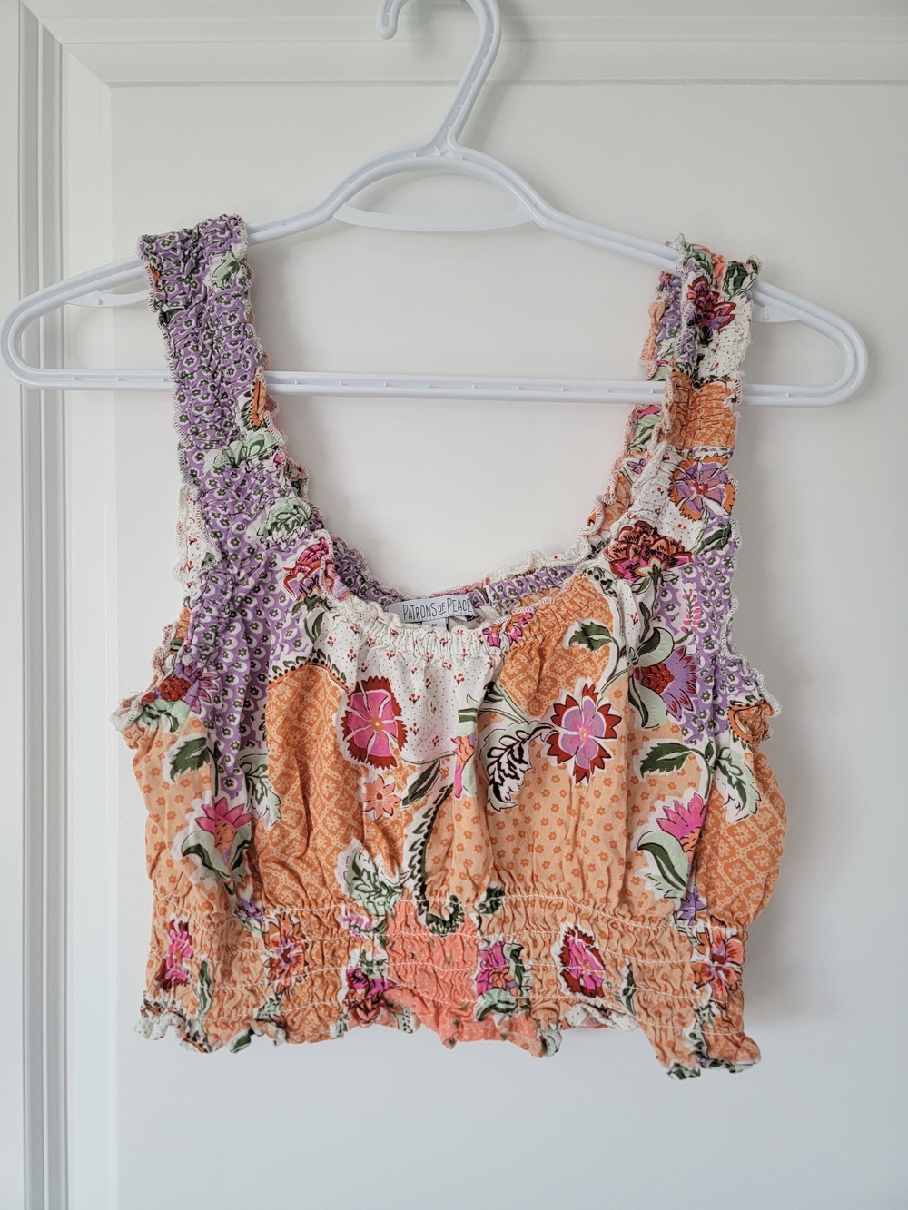Patrons of Peace Peach Floral Smocked Crop Top with Purple Accents